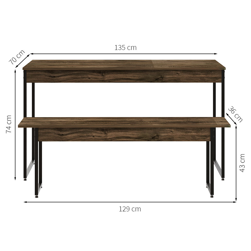 Conjunto de Mesa de Jantar com Banco Studio Carvalho Dark e Preto