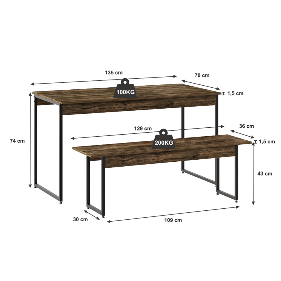 Conjunto de Mesa de Jantar com Banco Studio Carvalho Dark e Preto