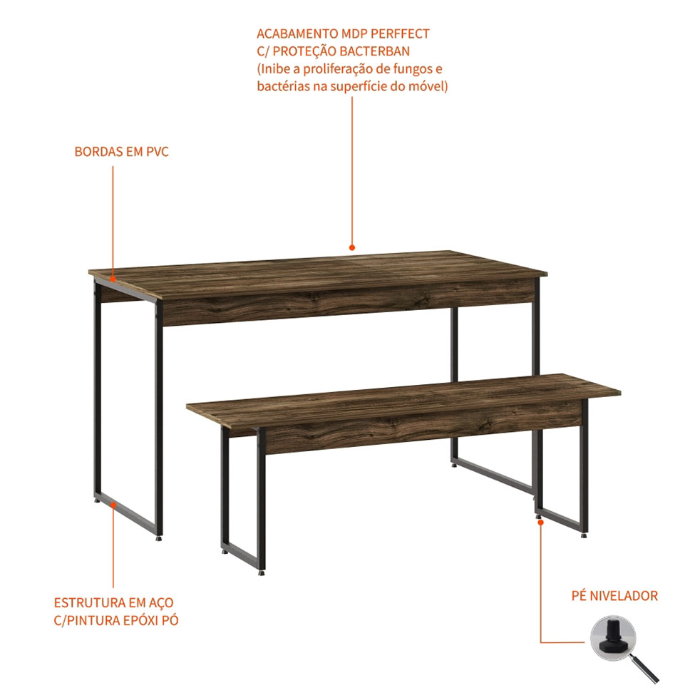 Conjunto de Mesa de Jantar com Banco Studio Carvalho Dark e Preto