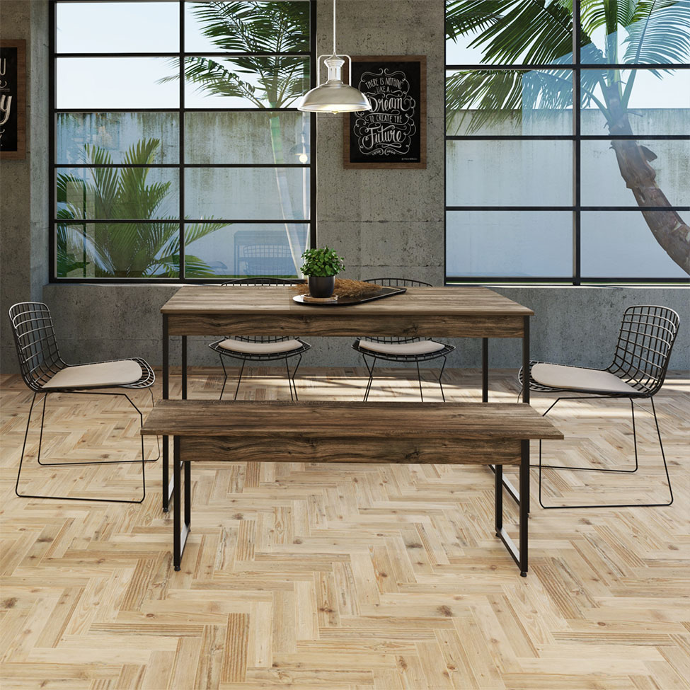 Conjunto de Mesa de Jantar com Banco Studio Carvalho Dark e Preto