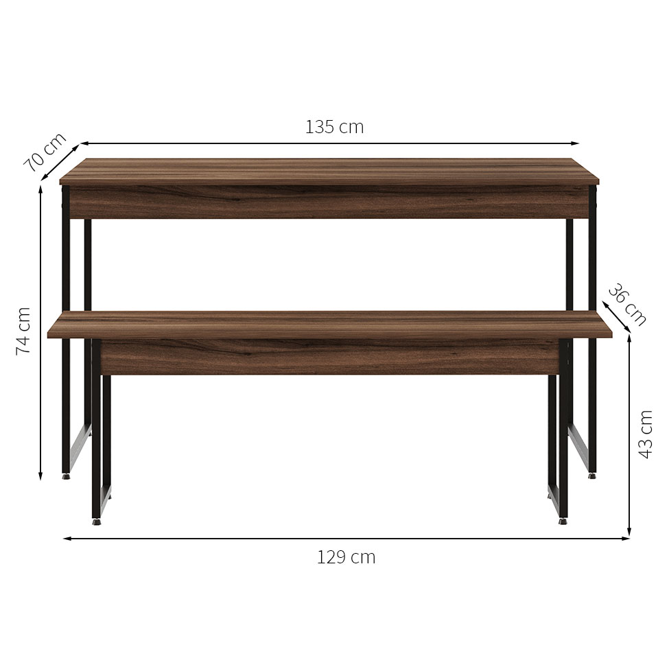 Conjunto de Mesa de Jantar com Banco Studio Nogal e Preto