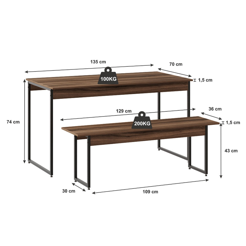 Conjunto de Mesa de Jantar com Banco Studio Nogal e Preto