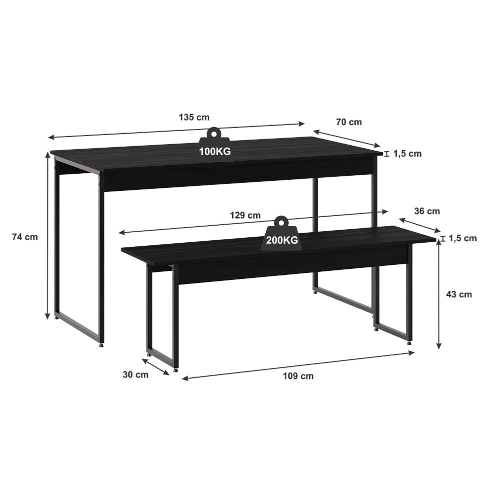 Conjunto de Mesa de Jantar com Banco Studio Preto