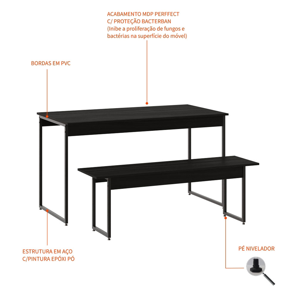 Conjunto de Mesa de Jantar com Banco Studio Preto