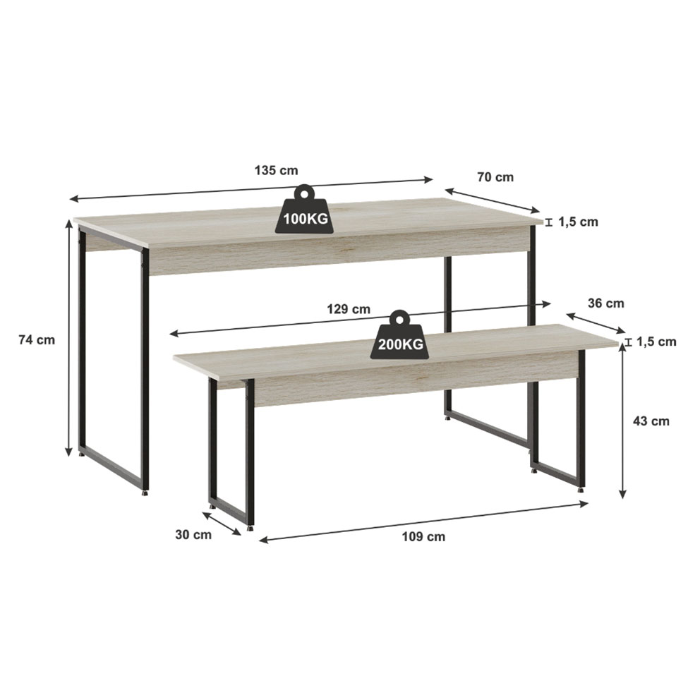 Conjunto de Mesa de Jantar com Banco Studio Snow e Preto