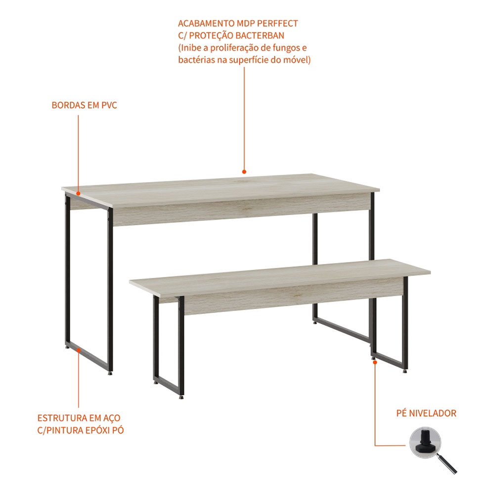 Conjunto de Mesa de Jantar com Banco Studio Snow e Preto