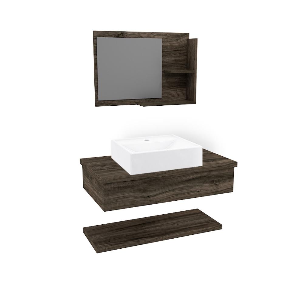 Conjunto para Banheiro Bancada com Cuba Q39 Quadrada, Prateleira e Espelheira City 806 Carvalho Dark