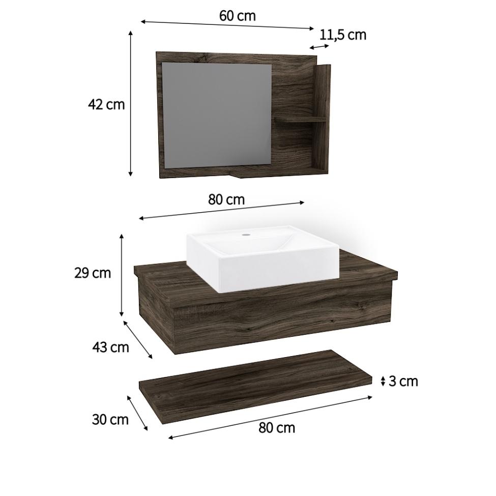 Conjunto para Banheiro Bancada com Cuba Q39 Quadrada, Prateleira e Espelheira City 806 Carvalho Dark