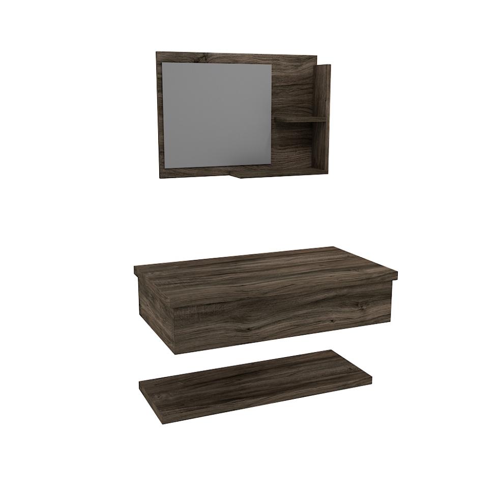 Conjunto para Banheiro Bancada com Cuba Q39 Quadrada, Prateleira e Espelheira City 806 Carvalho Dark