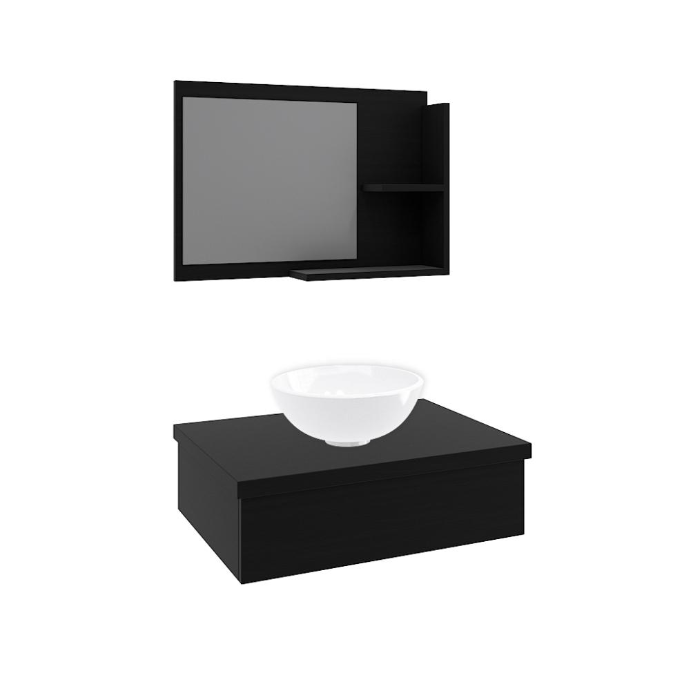 Conjunto para Banheiro Bancada com Cuba R30 Redonda e Espelheira City 601 Preto Ônix
