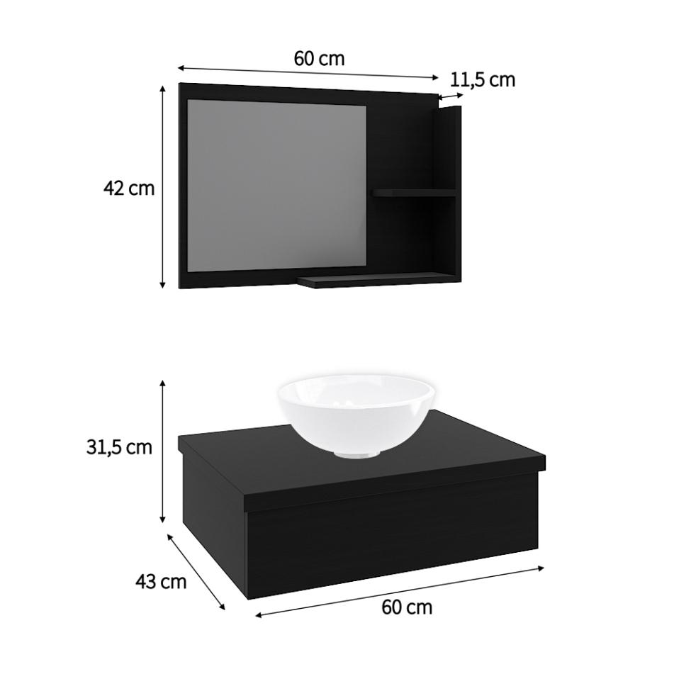 Conjunto para Banheiro Bancada com Cuba R30 Redonda e Espelheira City 601 Preto Ônix