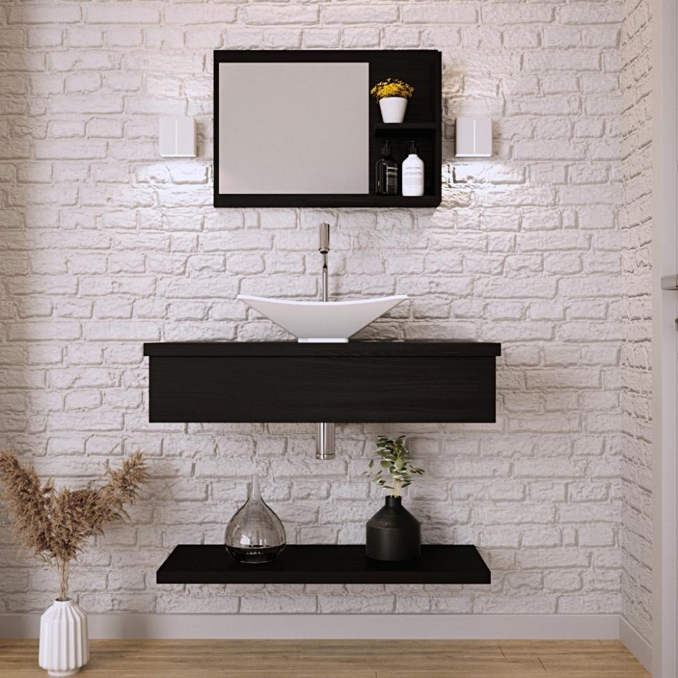 Conjunto para Banheiro Bancada com Prateleira e Espelheira City 807 Preto Ônix
