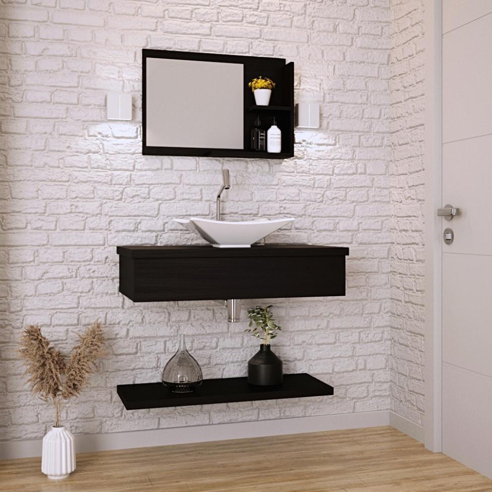 Conjunto para Banheiro Bancada com Prateleira e Espelheira City 807 Preto Ônix