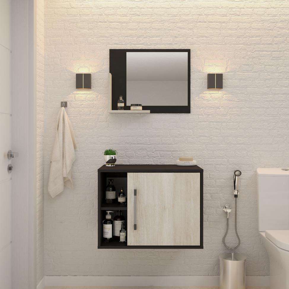 Conjunto para Banheiro Gabinete e Espelheira Soft 600 Preto Ônix e Snow