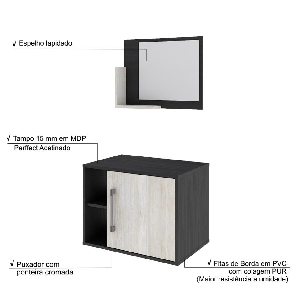Conjunto para Banheiro Gabinete e Espelheira Soft 600 Preto Ônix e Snow