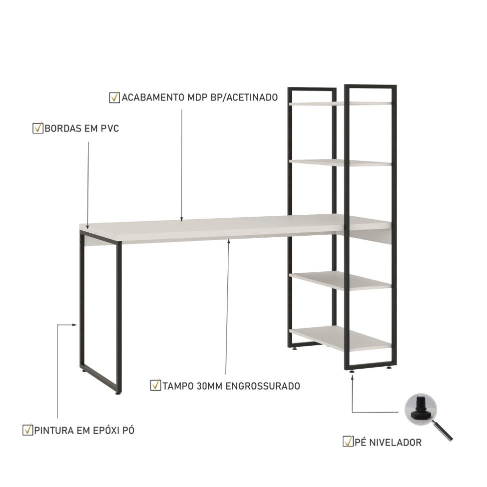 Escrivaninha com Estante Studio Branca e Preta 146 cm