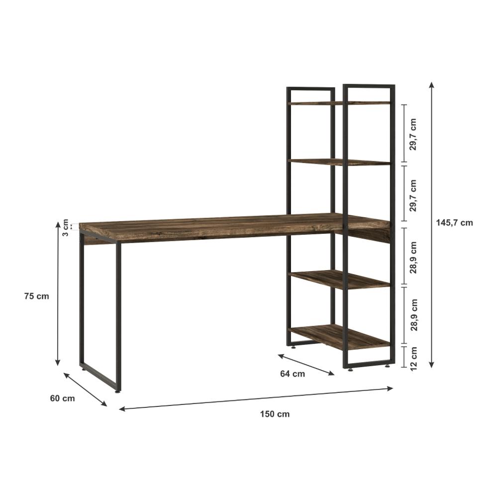 Escrivaninha com Estante Studio Carvalho Dark e Preta 146 cm