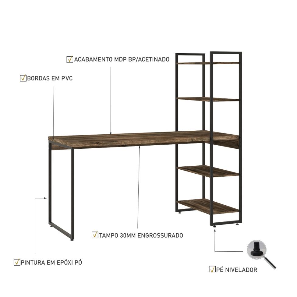Escrivaninha com Estante Studio Carvalho Dark e Preta 146 cm