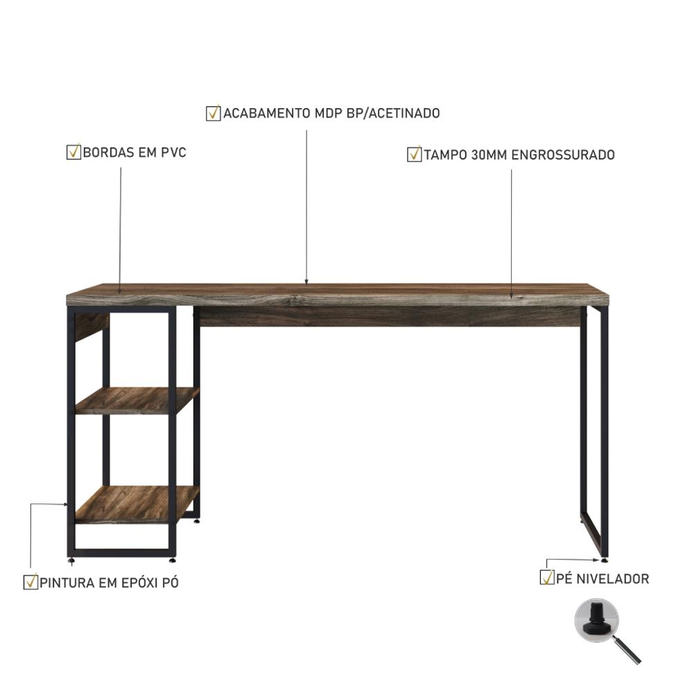 Escrivaninha com Estante Studio Carvalho Dark e Preta 74 cm