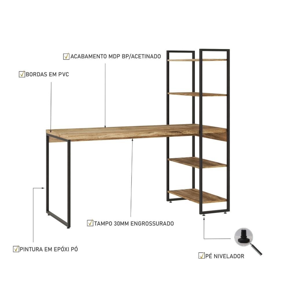 Escrivaninha com Estante Studio Carvalho e Preta 146 cm