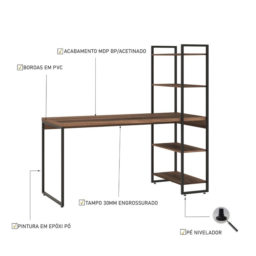 Escrivaninha com Estante Studio Nogal e Preta 146 cm