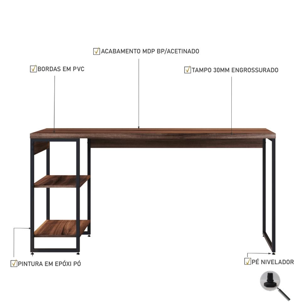 Escrivaninha com Estante Studio Nogal e Preta 74 cm