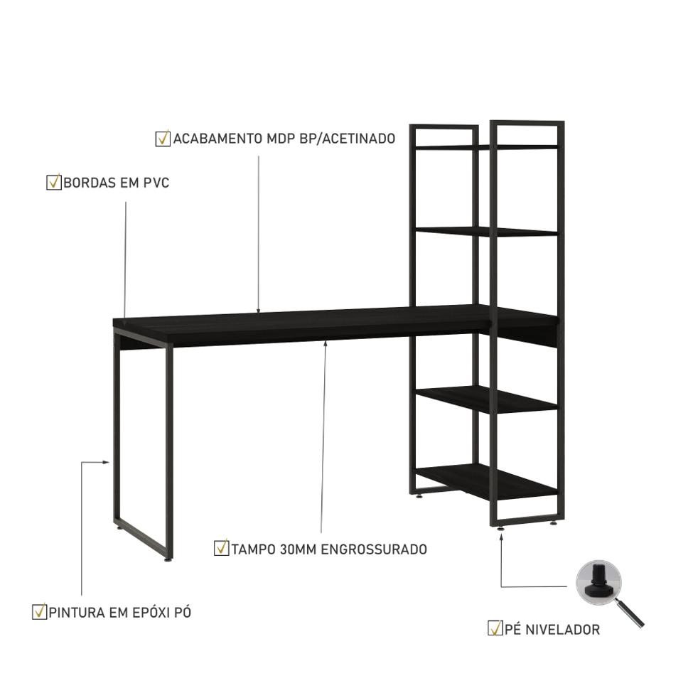 Escrivaninha com Estante Studio Preta 146 cm