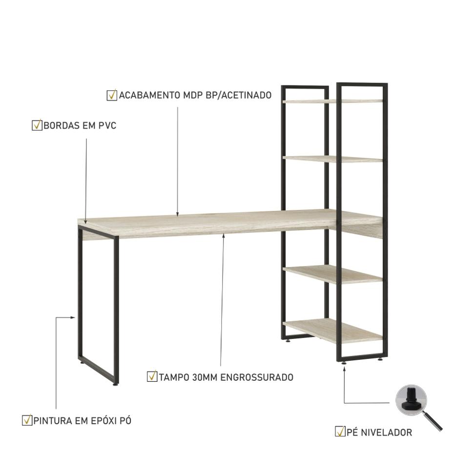 Escrivaninha com Estante Studio Snow e Preta 146 cm