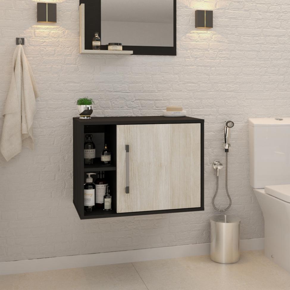 Gabinete de Banheiro Soft 1 PT Ônix e Snow 60 cm