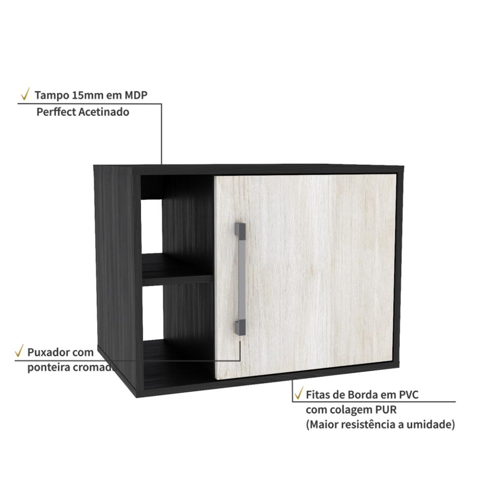 Gabinete de Banheiro Soft 1 PT Ônix e Snow 60 cm