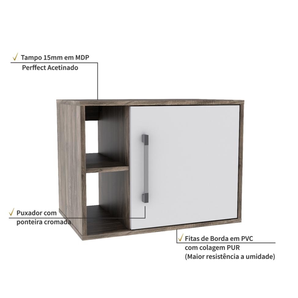 Gabinete de Banheiro Soft 1 PT Carvalho Dark e Branco Chess 60 cm