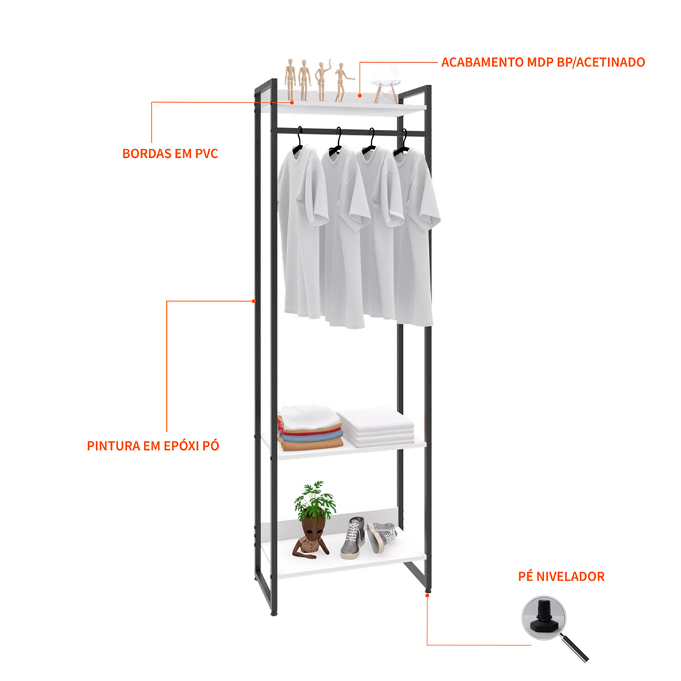Guarda-Roupa Closet Studio Branco e Preto 60 cm