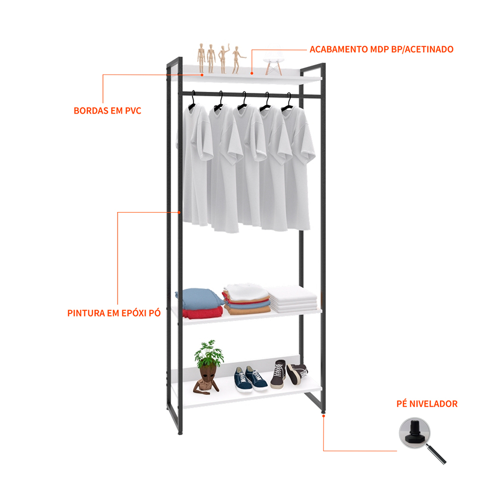 Guarda-Roupa Closet Studio Branco e Preto 80 cm