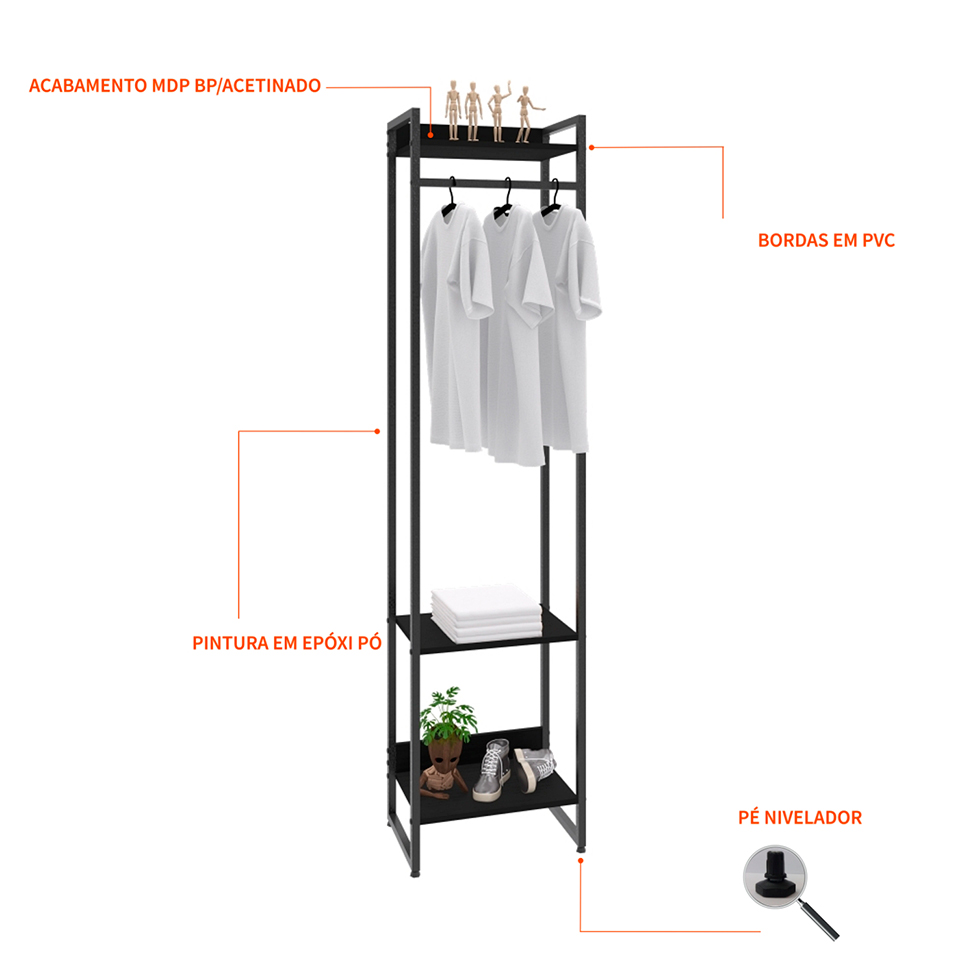 Guarda-Roupa Closet Studio Ônix e Preto 45 cm