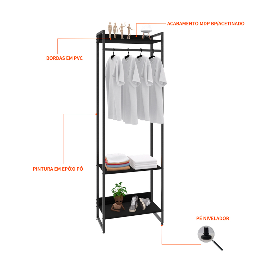 Guarda-Roupa Closet Studio Ônix e Preto 60 cm