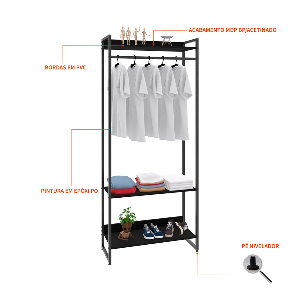 Guarda-Roupa Closet Studio Ônix e Preto 80 cm