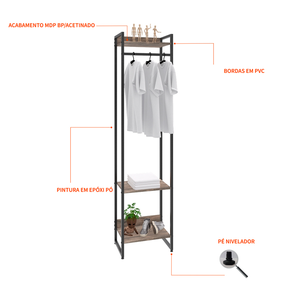 Guarda-Roupa Closet Studio Carvalho Dark e Preto 45 cm