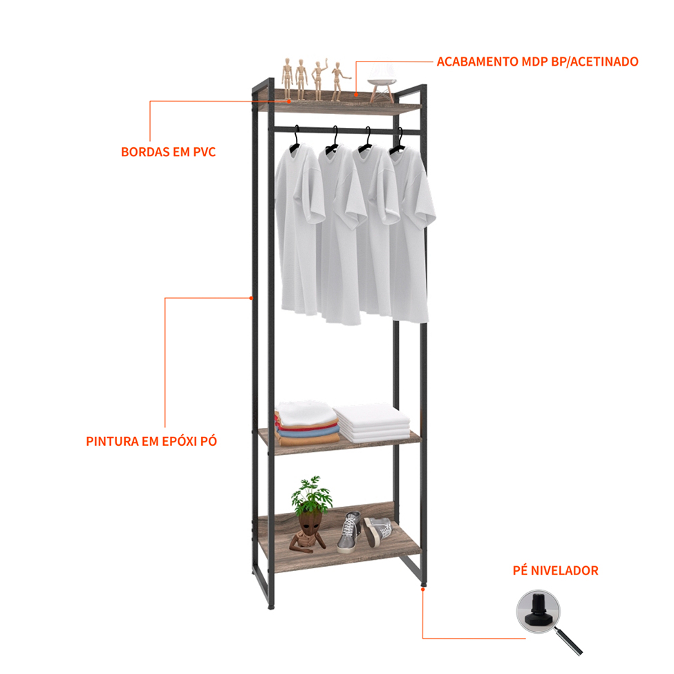 Guarda-Roupa Closet Studio Carvalho Dark e Preto 60 cm