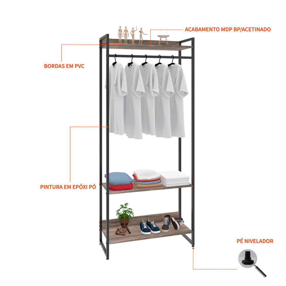 Guarda-Roupa Closet Studio Carvalho Dark e Preto 80 cm
