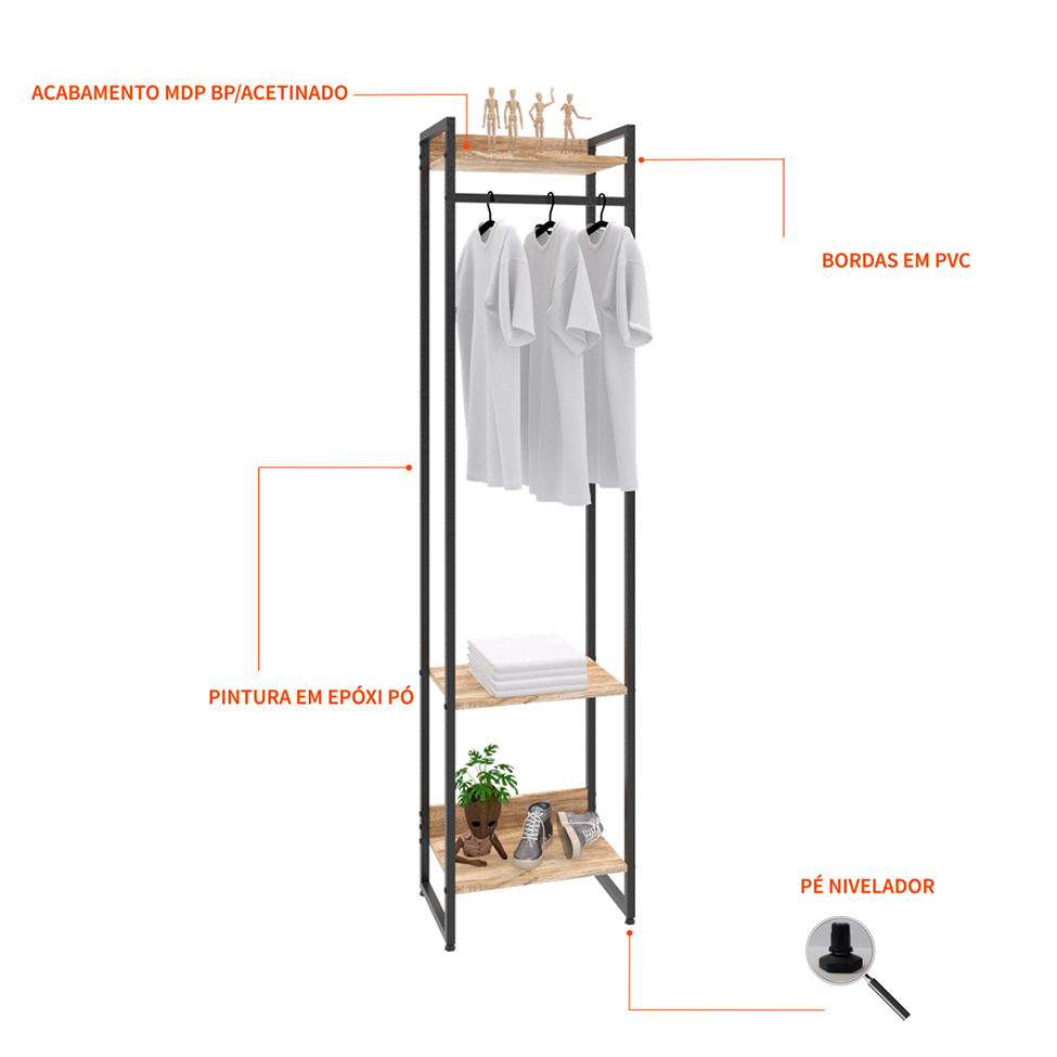 Guarda-Roupa Closet Studio Carvalho e Preto 45 cm