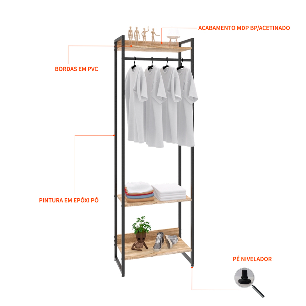 Guarda-Roupa Closet Studio Carvalho e Preto 60 cm