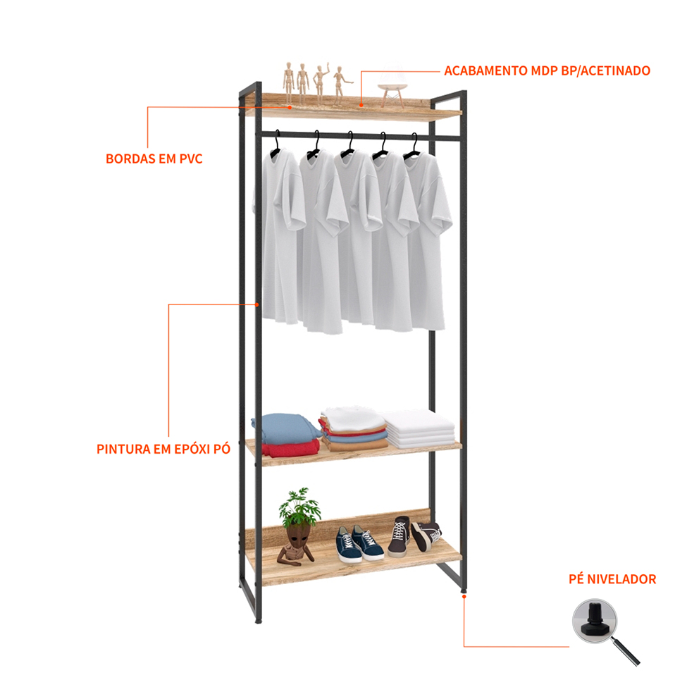 Guarda-Roupa Closet Studio Carvalho e Preto 80 cm