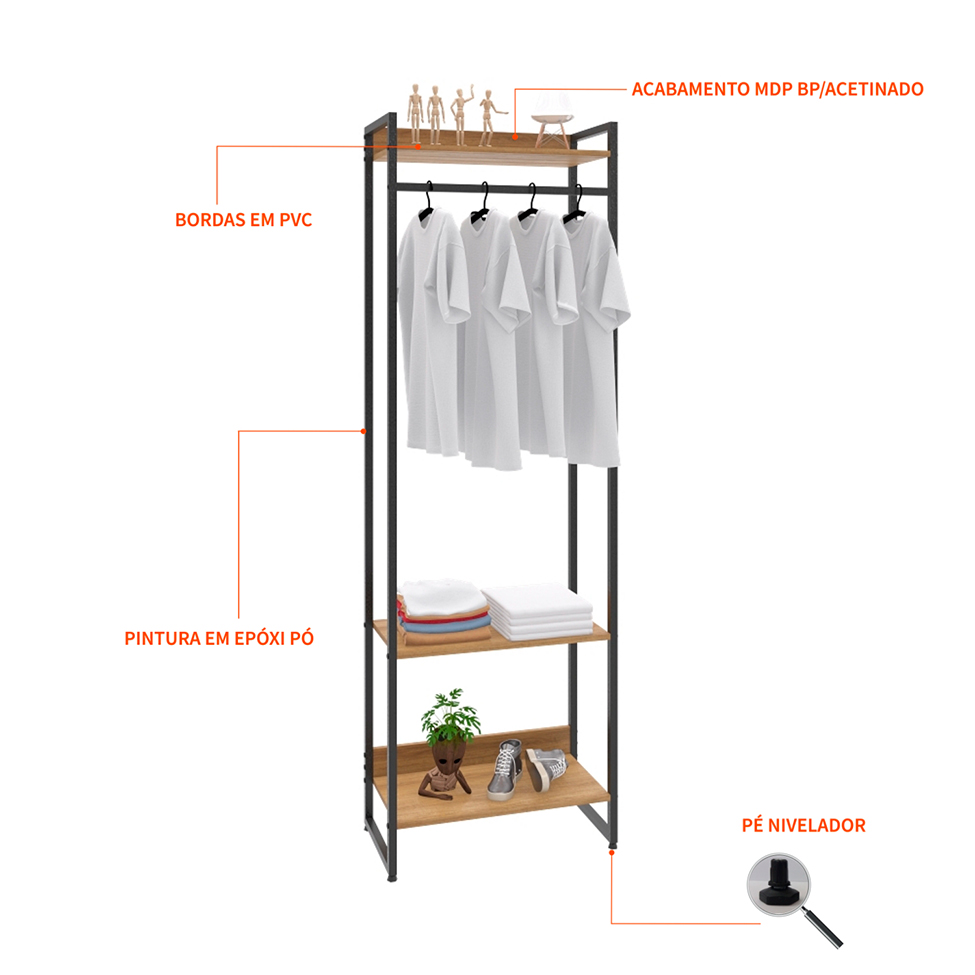 Guarda-Roupa Closet Studio Mel e Preto 60 cm