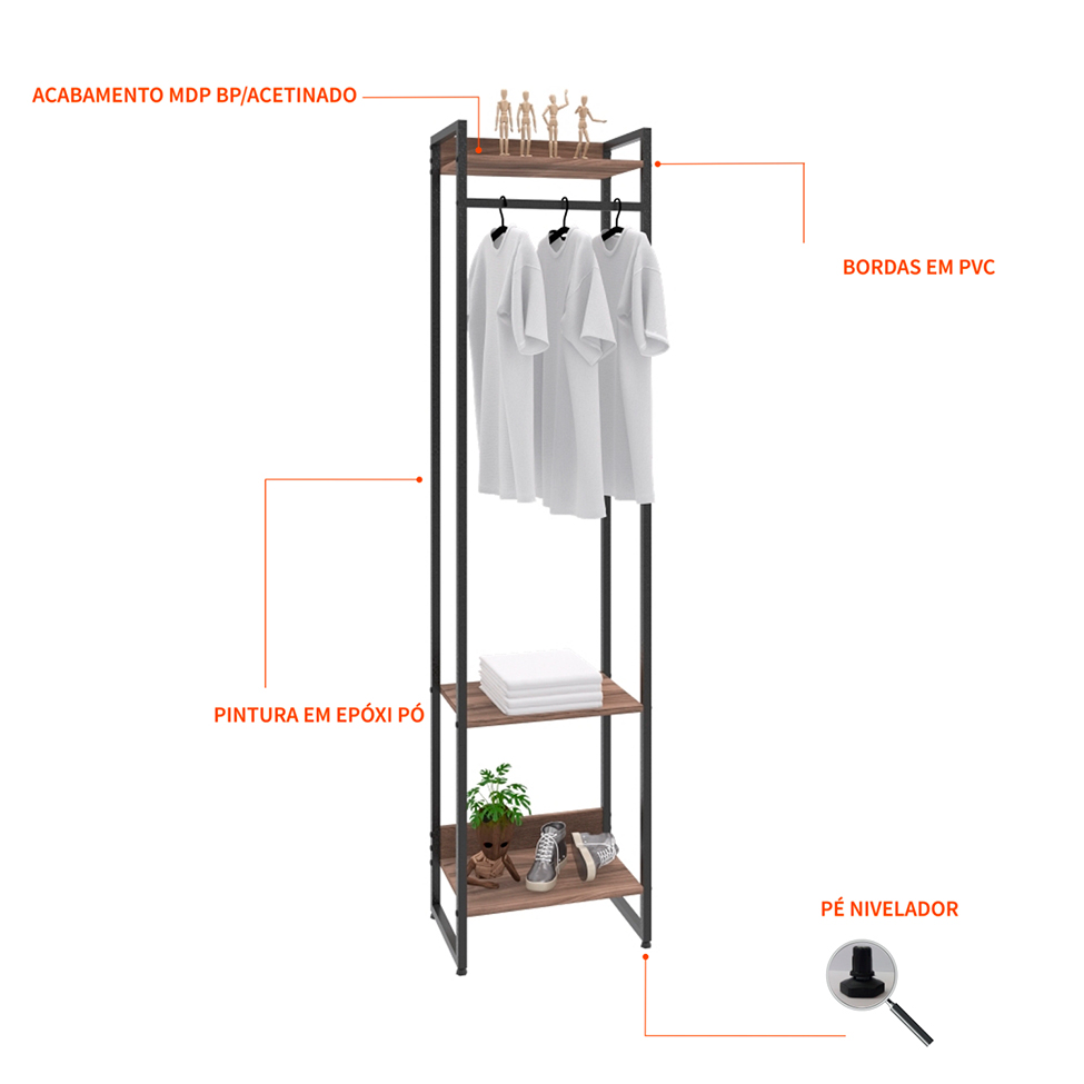 Guarda-Roupa Closet Studio Nogal e Preto 45 cm
