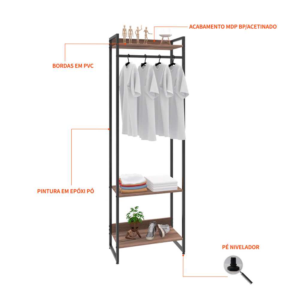 Guarda-Roupa Closet Studio Nogal e Preto 60 cm