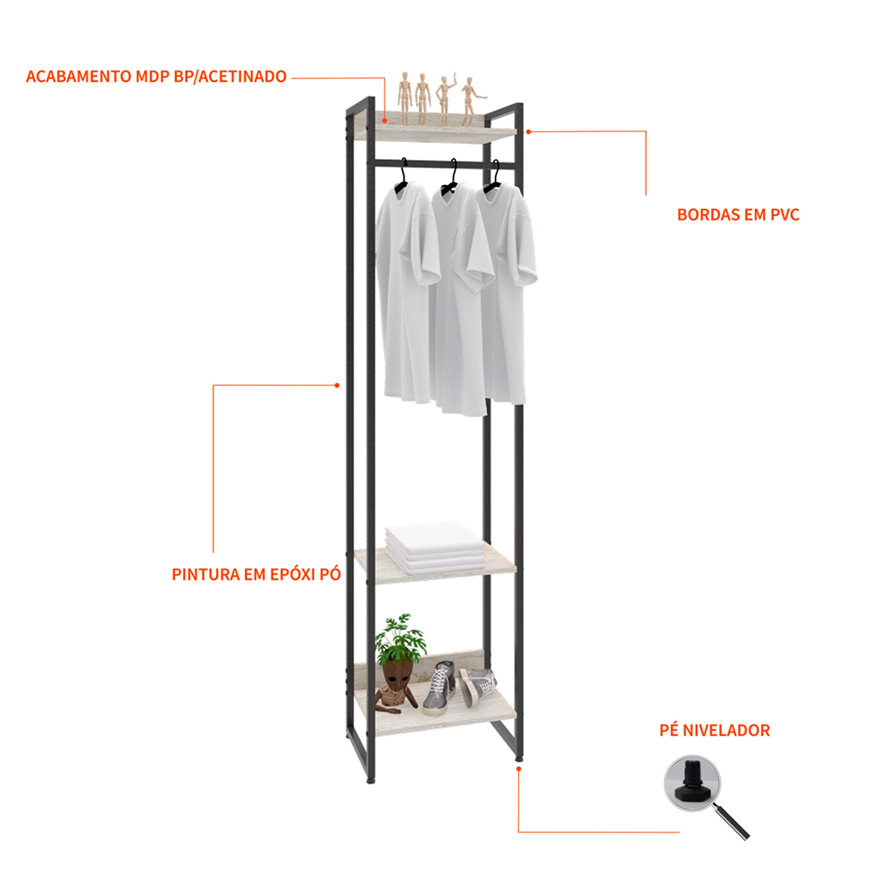 Guarda-Roupa Closet Studio Snow e Preto 45 cm