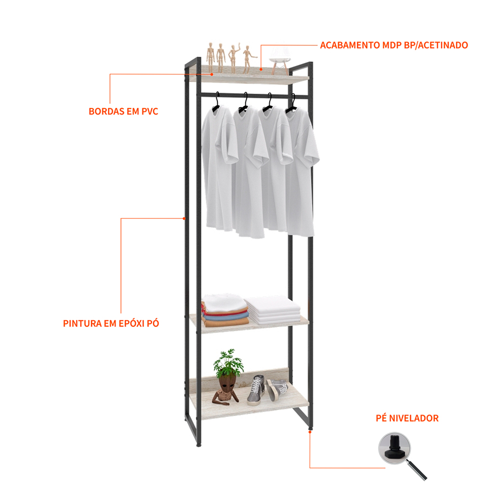 Guarda-Roupa Closet Studio Snow e Preto 60 cm
