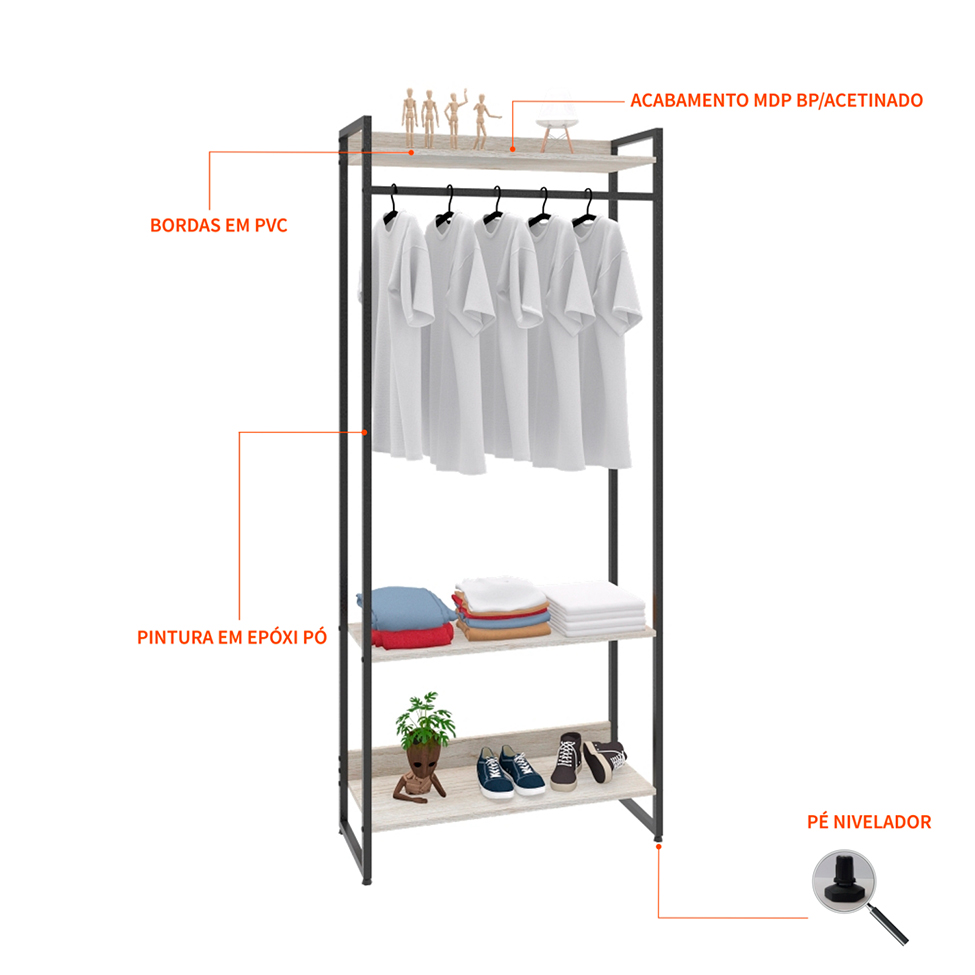 Guarda-Roupa Closet Studio Snow e Preto 80 cm