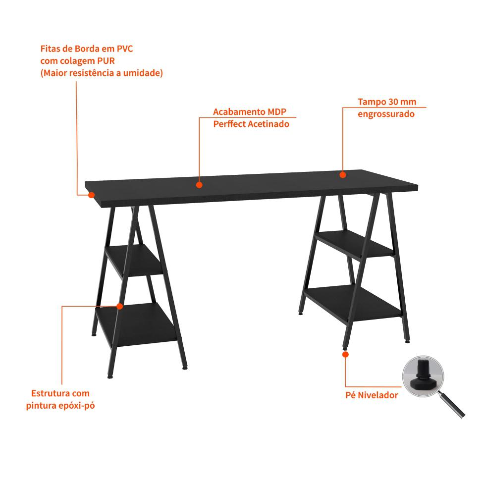 Mesa de Escritório Kuadra III Preta 150 cm