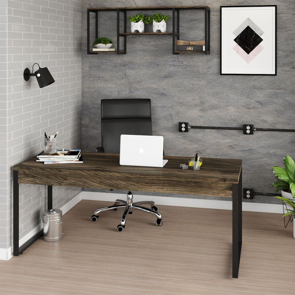 Mesa de Escritório Kuandra Carvalho Dark e Preta